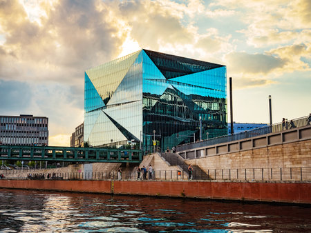 Berlin, Germany 11 august 2021. new modern building with square glass facade. Europe travel conceptのeditorial素材