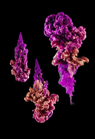violet and gold Acrylic colors ink in water isolated Abstract and bright. subject photo, cosmetics,...