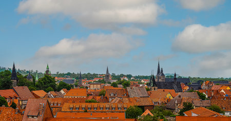 Quedlinburg, Saxony-Anhalt, Germany. July 06, 2021. small town. tiled roofs, top view. UNESCO world heritage city.のeditorial素材
