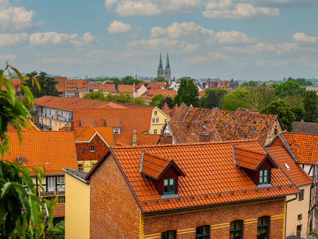 Quedlinburg, Saxony-Anhalt, Germany. July 06, 2021. small town. tiled roofs, top view. UNESCO world heritage city.のeditorial素材