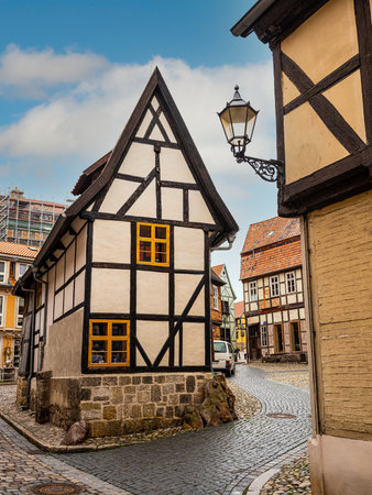 Quedlinburg, Saxony-Anhalt, Germany. 06 July 2021. small town with old vintage small colored houses and old cobblestone pavement. UNESCO world heritage cityのeditorial素材