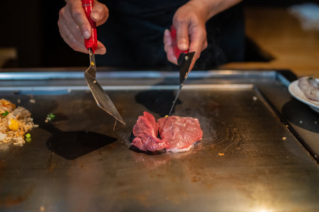 chef's hands with spatula over teppanyaki. cooking vegetables meat and seafood on hot hibachi grill...
