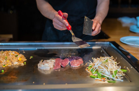 chef's hands with spatula over teppanyaki. cooking vegetables meat and seafood on hot hibachi grill table. Traditional Japanese Cuisine. Teppan showの写真素材