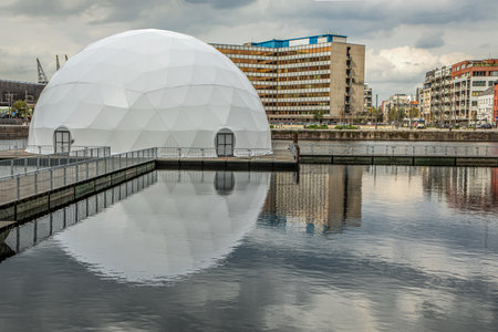 Antwerpen, Belgium, 9 September 2018. views of streets and buildings of Antwerp at the sunny day. ball-shaped pavilion on the embankmentの写真素材
