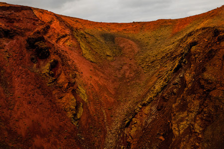 Amazing panoramic landscape of volcano in Timanfaya national park. Popular touristic in Lanzarote island Canary islands Spain. Artistic picture. Travel concept.の写真素材