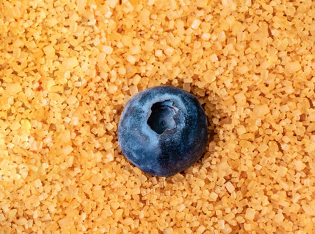 dark blue blueberry, macro shot very close on yellow bamboo sugar background isolatedの写真素材