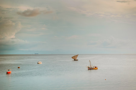 Stone Town, Zanzibar, Tanzania. 27 March 2018. several traditional African excursion boats near the shore in Stone Town Zanzibarの写真素材
