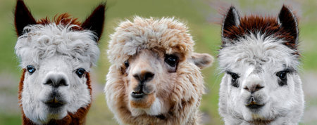 three funny alpacas looking very close in camera. portrait in detail selective focus