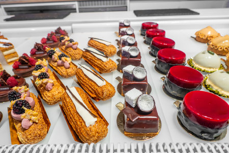 French pastries on display on a confectionery. an assortment of beautiful cakes displayed for saleの写真素材