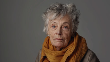 stunning beautiful and self confident best aged woman with gray hair looking into camera, portrait. Generative AI imageの素材