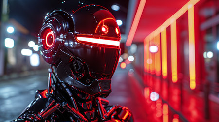 futuristic robot with glowing red eyes, intricate circuitry. metallic face illuminated by red lights. blurred background cityscape lights, enhancing advanced, intense atmosphere. AI generatedの素材