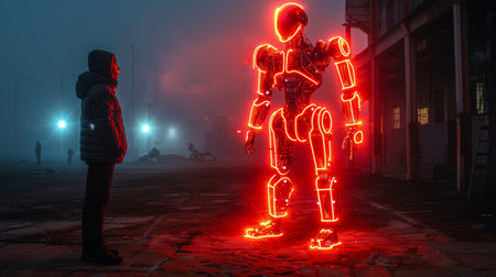 futuristic robot with glowing red eyes, intricate circuitry. metallic face illuminated by red lights. blurred background cityscape lights, enhancing advanced, intense atmosphere. AI generatedの素材