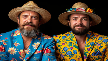 a couple of happy older gay men at a gay parade in smart clothes. There are rainbow flags and happy laughing people all around them. AI generatedの素材