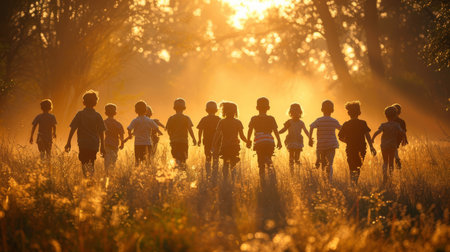 cheerful happy multi ethnic children playing and having fun. AI generatedの素材