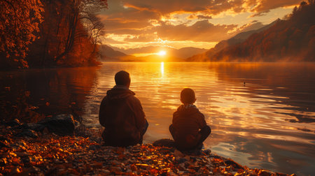 Happy father and son hugs outdoors. AI generatedの素材