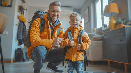 Happy father and son hugs. AI generatedの素材