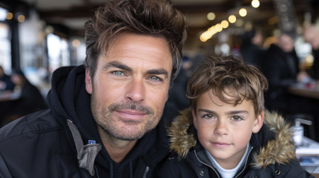 Happy father and son hugs. AI generatedの素材