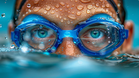 close-up shot of swimmer's face, wearing blue goggles and swim cap. goggles are covered with water droplets, and blurred background highlights swimmer's intense focus and determination AI generatedの素材