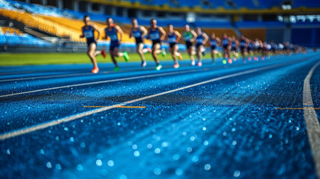 muscular athlete is depicted in dynamic running pose, wearing white tank top and shorts. background is an artistic, swirling mix of blue and white, evoking a sense of speed and power. AI generatedの素材