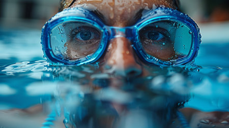 close-up shot of swimmer's face, wearing blue goggles and swim cap. goggles are covered with water droplets, and blurred background highlights swimmer's intense focus and determination AI generatedの素材