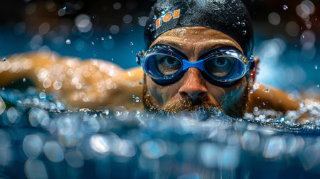 close-up shot of swimmer's face, wearing blue goggles and swim cap. goggles are covered with water droplets, and blurred background highlights swimmer's intense focus and determination AI generatedの素材