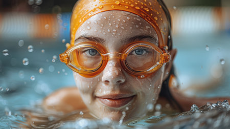 close-up swimmer's young woman face, wearing swim cap. goggles are covered with water droplets, and blurred background highlights swimmer's intense focus and determination AI generatedの素材