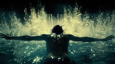 close-up shot of swimmer's face, wearing blue goggles and swim cap. goggles are covered with water droplets, and blurred background highlights swimmer's intense focus and determination AI generatedの素材