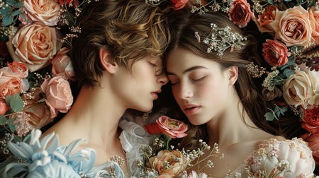 Lovely couple together. Romantic male and female looking each other into eyes and happy. Beautiful couple in love standing face to face.の素材