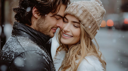 Lovely couple together. Romantic male and female looking each other into eyes and happy. Beautiful couple in love standing face to face.の素材