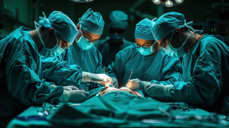 a group of surgeons in special blue clothes stand around an operating table in a hospital and perform an operation on a patientの素材