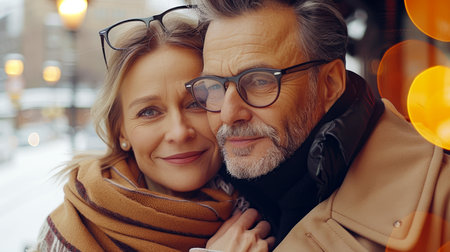 Happy active senior couple having fun outdoors. Portrait of an elderly couple together.AI generatedの素材