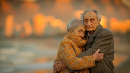 Happy active senior couple having fun outdoors. Portrait of an elderly couple together.AI generatedの素材
