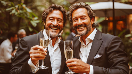 Two man couple hugging each other. happy gays just got married, smiling and celebrating. AI generatedの素材