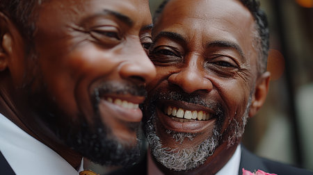 Two man couple hugging each other. happy gays just got married, smiling and celebrating. AI generatedの素材