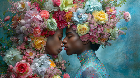 a guy and a girl with large wreaths of fresh flowers on their heads kiss each other on a blue background. AI generatedの素材