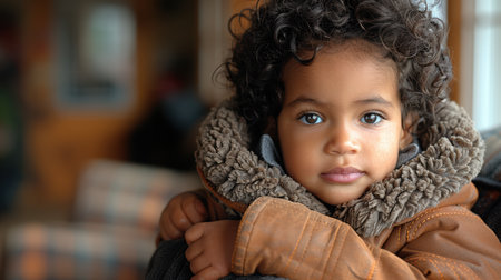 A joyful boy is sitting on the floor and laughing with his head tilted with curly hair and plump cheeks. Cute, happy and smiling little boy. AI generatedの素材