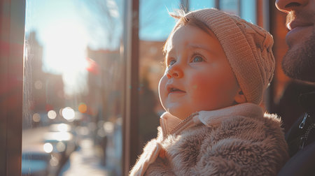A joyful boy is sitting on the floor and laughing with his head tilted with curly hair and plump cheeks. Cute, happy and smiling little boy. AI generatedの素材