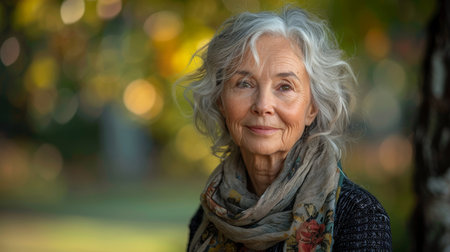 stunning beautiful and self confident best aged woman with gray hair looking into camera, portrait. Generative AI imageの素材