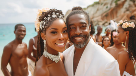 happy loving couple just got married and are celebrating in traditional wedding clothes. They smile and hug each other. AI generatedの素材