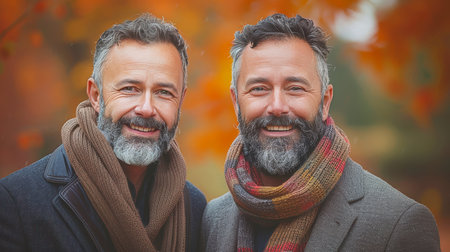 excited gay man holding hands of bearded boyfriend and laughing on gray backdrop, same-sex couple. Happy people celebrateの素材