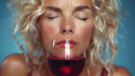 mature woman drinking wine at home. Old middle aged lady holding glass sit at kitchen table. the problem of female alcoholism, mental state and loneliness.の素材