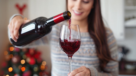 mature woman drinking wine at home. Old middle aged lady holding glass sit at kitchen table. the problem of female alcoholism, mental state and loneliness.の素材