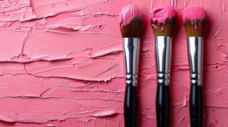 Eye shadow with brush on white background. large bright set of decorative cosmetics for the face, bright multi-colored shadows, brushes, creamの素材