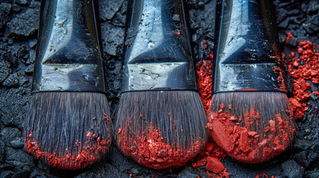 Eye shadow with brush on white background. large bright set of decorative cosmetics for the face, bright multi-colored shadows, brushes, creamの素材