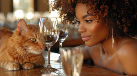 Pretty young woman with cute tabby cat at the table with an glass vineの素材