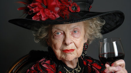 mature woman drinking wine at home. Old middle aged lady holding glass sit at kitchen table. the problem of female alcoholism, mental state and loneliness.の素材