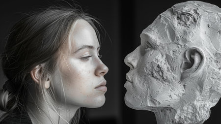 A woman suffers from love addiction. Hugs a statue of a lifeless man with his eyes closedの素材