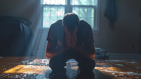 Stressed Man experiencing mental health issues, worry, frustration, and emotional stress. Concept of anxiety and mental healthの素材