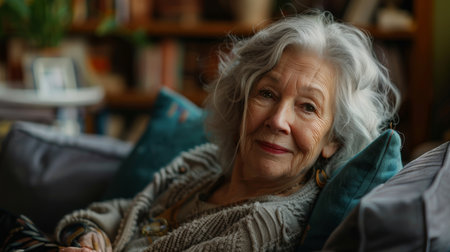 banner portrait of an elderly woman with short gray hair.の素材
