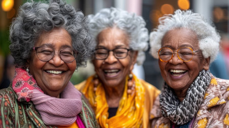 Overjoyed mature grey-haired Caucasian people have fun enjoy time together. happy elderly in living room, senior smiling and happy together to make activityの素材